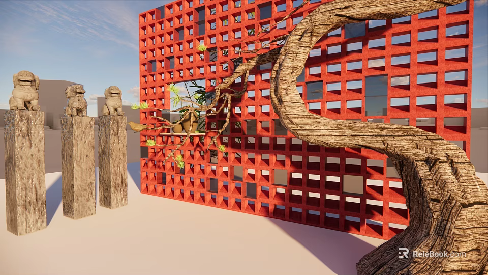 Garden Ornament with Red Lattice Wall Curved Tree Trunk Stone Pillars and Green Plants 3d model 