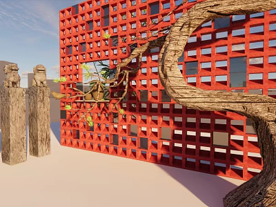 Garden Ornament with Red Lattice Wall Curved Tree Trunk Stone Pillars and Green Plants 3d model