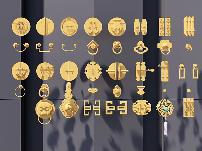 Golden Door Handles With Various Traditional Designs Displayed On Black Background 3d model