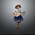 Traditional Folk Doll Figure Wearing White Blouse And Blue Decorative Skirt With Stringed Instrument