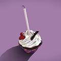 Delicious Cupcake With Whipped Cream Strawberries And White Candle In Purple Liner With Orange Dots