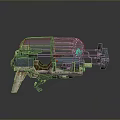 3D Rendered Vintage Industrial Mechanical Weapon With Metal Frame Blue Brown Components And Worn Details