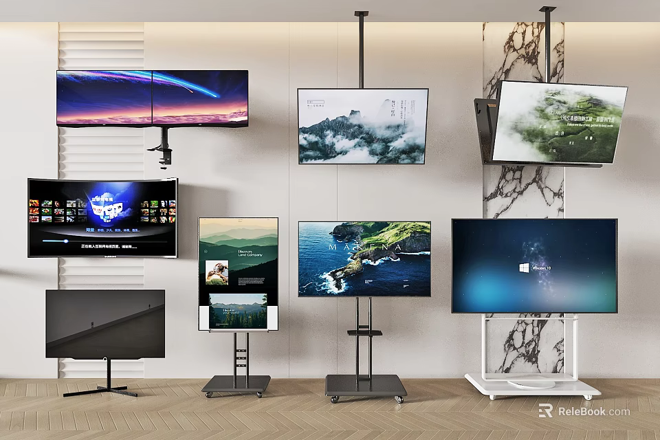 Various Modern Televisions Mounted On Wall And Stands Displaying Scenic Views And Starry Sky 3d model 