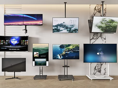 Various Modern Televisions Mounted On Wall And Stands Displaying Scenic Views And Starry Sky 3d model