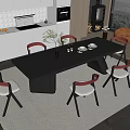 Modern Dark Rectangular Dining Table Set With Red Backrest White Seat Chairs 3d model