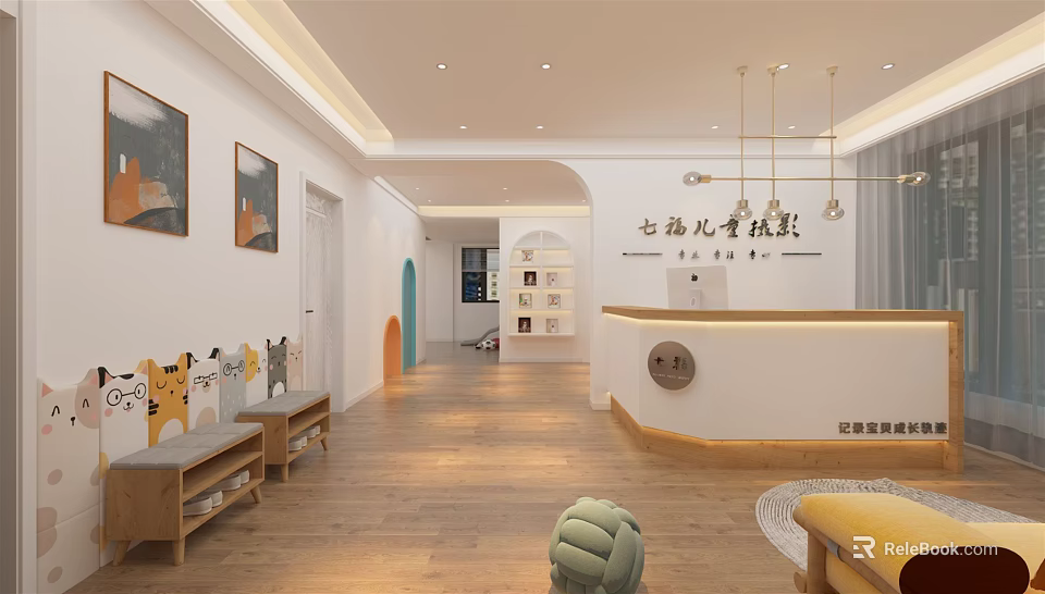 Colorful Children's Photography Mall Store With Cartoon Decor Wooden Flooring And Kids Seats 3d model 