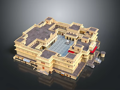 Traditional Square Architecture With Central Courtyard Multi Level Structure And Geometric Floor Pattern 3d model