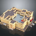 Traditional Square Architecture With Central Courtyard Multi Level Structure And Geometric Floor Pattern