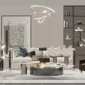 Modern Living Room Sofa and Coffee Table Set with Elegant Decorative Painting and Chandelier