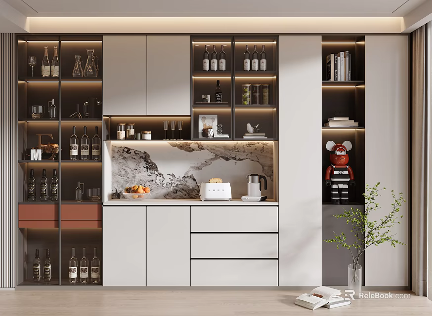 Stylish Modern Wine Cabinet With Display Shelves Wine Bottles And LED Lighting 3d model 