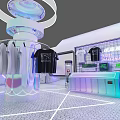 Futuristic Exhibition Space With Modern Design Curved Structures Illuminated Display Stand And Screens