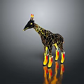 Futuristic Game Movie Character Giraffe With Black Yellow Patterns Flaming Horns And Flaming Legs