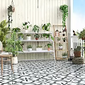 Outdoor Flower Stand With Lush Green Plants And Decorative Wall Vines
