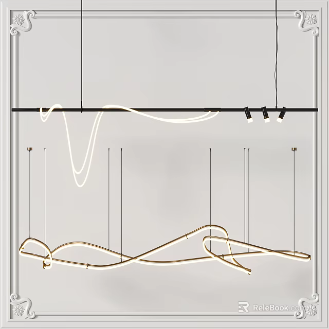 Modern Curved Chandelier With Wavy LED Light Fixture And Metal Frame 3d model 