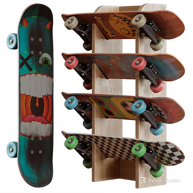 Colorful Skateboards Sports Equipment With Unique Designs Displayed On Wooden Rack 3d model 