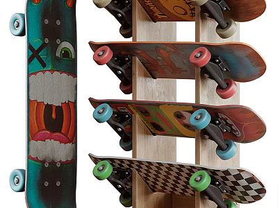 Colorful Skateboards Sports Equipment With Unique Designs Displayed On Wooden Rack 3d model