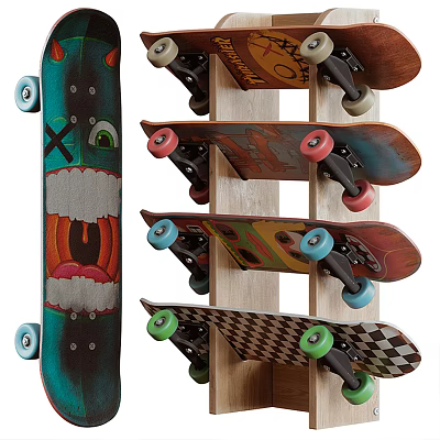 Colorful Skateboards Sports Equipment With Unique Designs Displayed On Wooden Rack 3d model