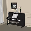Black Piano With Sheet Music Framed Painting And White Statue In Bright Room With Window