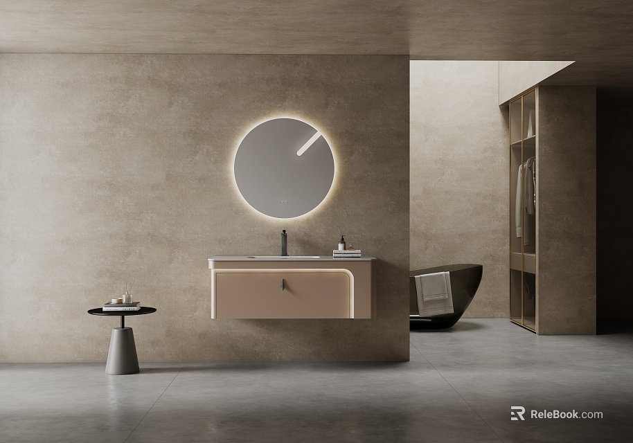 Minimalist Bathroom Interior With Wall Mounted Sink Round Backlit Mirror And Concrete Wall 3d model 