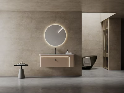 Minimalist Bathroom Interior With Wall Mounted Sink Round Backlit Mirror And Concrete Wall 3d model
