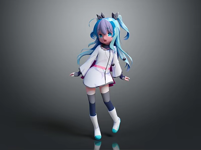 Anime Girl Character With Long Blue Hair And White Dress Crown Accessory Standing Pose 3d model