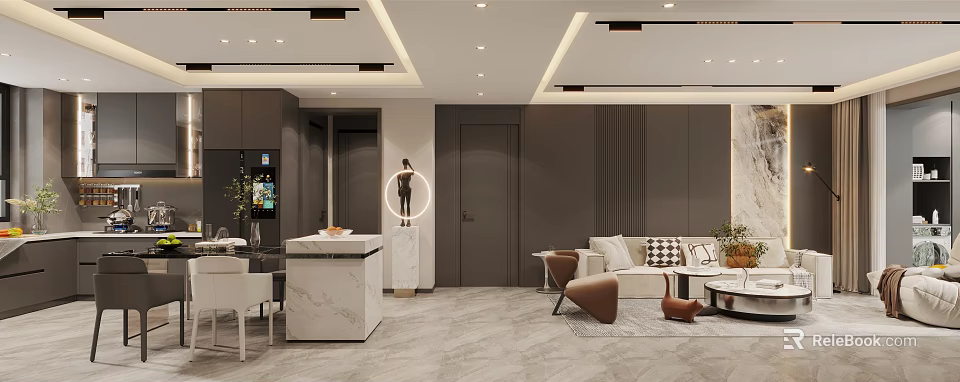 Elegant Modern Living Dining Room Interior With Comfortable Sofa Dining Table And Stylish Decor 3d model