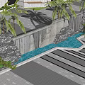 Decorative Landscape Wall Design With Waterfall Pool Rocks And Palm Trees 3d model