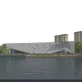 Modern Waterfront White Museum Building With Geometric Glass Facade Trees And High Rise Background