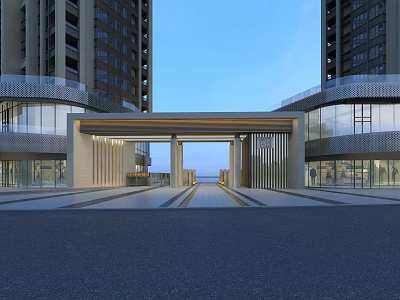 Modern Entrance Gate Between High Rise Buildings With Glass Curtain Walls And Paved Ground 3d model