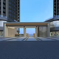 Modern Entrance Gate Between High Rise Buildings With Glass Curtain Walls And Paved Ground