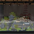 Indoor Zen Landscape With Rock Formations Green Plants Mist Red Pagoda Structures And Lanterns