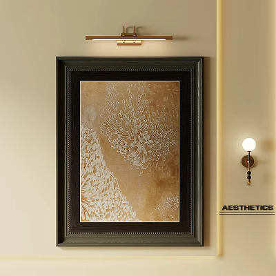 Black Framed Oil Painting With Abstract White Patterns On Brown Background Hanging On Beige Wall 3d model