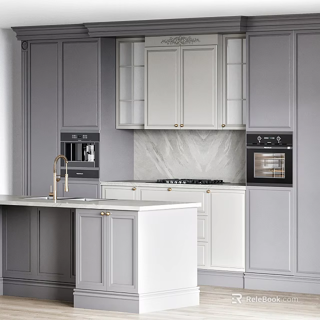 Elegant Modern Kitchen Interior With Gray And White Cabinets Marble Island Countertop And Oven 3d model 