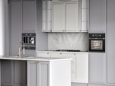 Elegant Modern Kitchen Interior With Gray And White Cabinets Marble Island Countertop And Oven 3d model