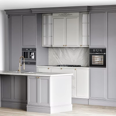 Elegant Modern Kitchen Interior With Gray And White Cabinets Marble Island Countertop And Oven 3d model
