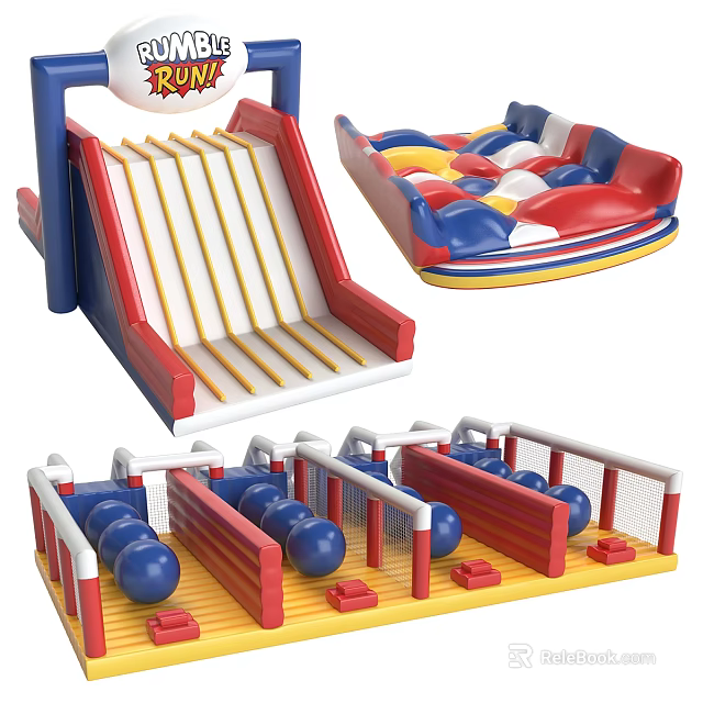 Colorful Building Blocks Play Structure With Slide Ball Pit And Inflatable Mat 3d model