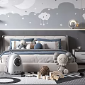Gray Toned Kids Bedroom With Cloud Moon Wall Art And Toys