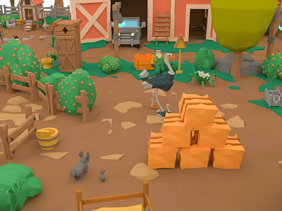 Cartoon Farm Scene with Red Barn Truck Ostrich Cactus Rabbit and Block Stack 3d model