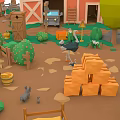 Cartoon Farm Scene with Red Barn Truck Ostrich Cactus Rabbit and Block Stack