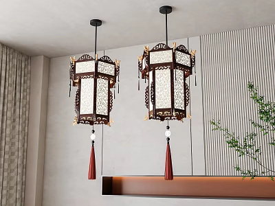 Two Traditional Chinese Chandeliers With Wooden Frame White Glass Panel Red Tassels In Modern Interior 3d model