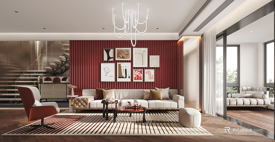 Modern Living Room With Red Striped Wall White Chandelier Artworks Beige Sofa And Striped Rug 3d model 