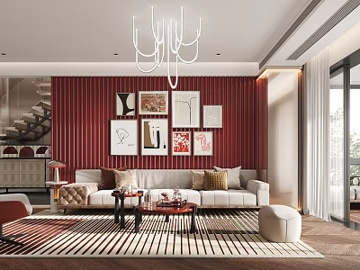 Modern Living Room With Red Striped Wall White Chandelier Artworks Beige Sofa And Striped Rug 3d model