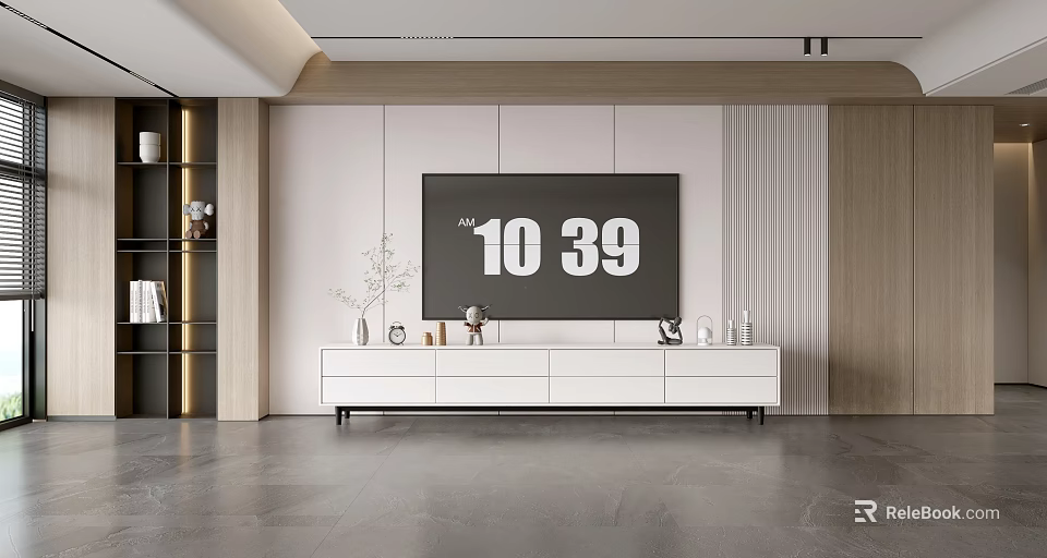 Modern TV Wall Design with White Cabinet Decorations and Wooden Panels 3d model 