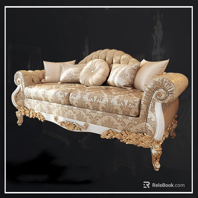 Elegant Classic Two Seater Sofa With Golden Carved Details And Floral Pattern Fabric 3d model 