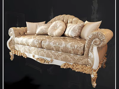 Elegant Classic Two Seater Sofa With Golden Carved Details And Floral Pattern Fabric 3d model