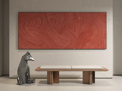 Large Red Abstract Painting With Wavy Textures In Modern Interior 3d model