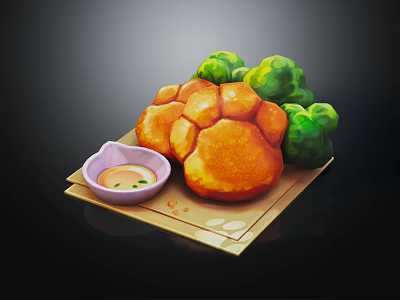 Golden Fried Pastries Served With Green Broccoli And Dipping Sauce On Tray 3d model