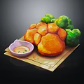 Golden Fried Pastries Served With Green Broccoli And Dipping Sauce On Tray