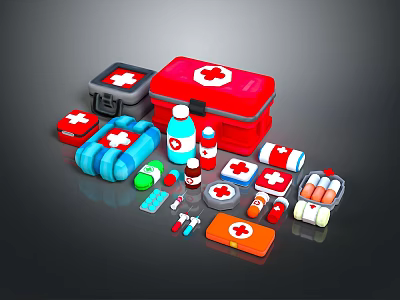 Essential Emergency First Aid Equipment With Kits Bandages And Medicine Bottles 3d model