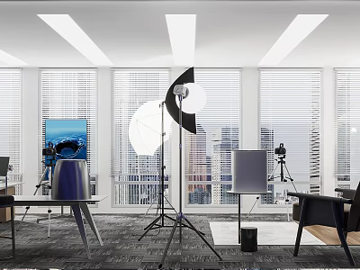 Modern Public Office Space Interior with Large Windows City View and Photography Equipment 3d model